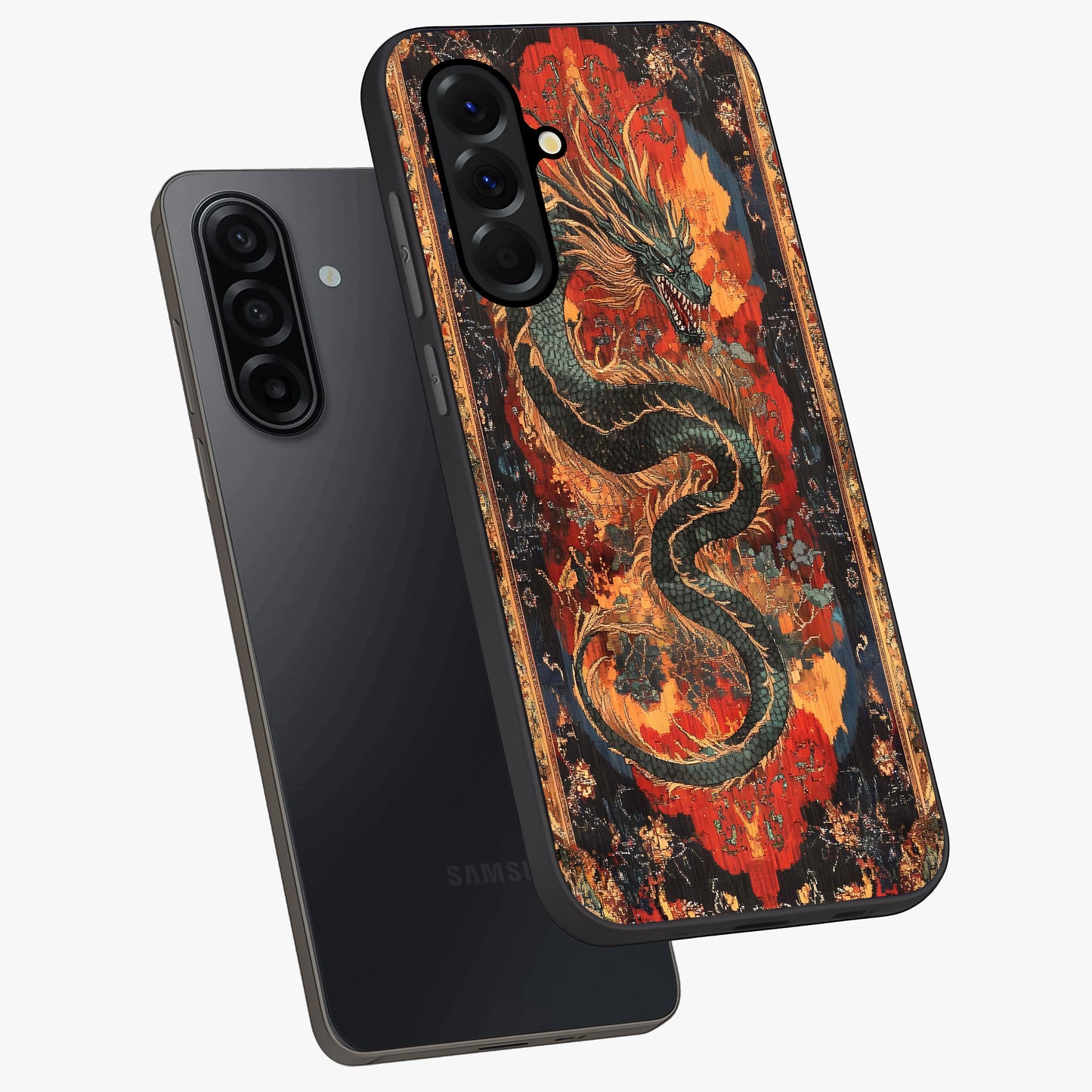 Inferno Dragon Soul Glass Case displayed in angled mockup highlighting powerful dragon illustration with inferno aesthetic.