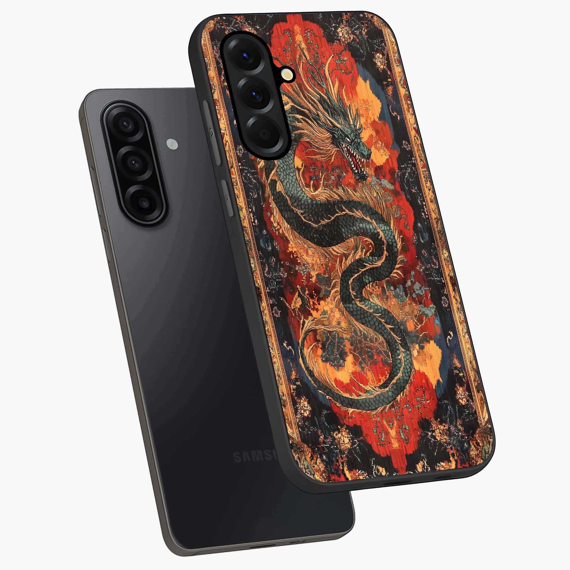 Inferno Dragon Soul Glass Case displayed in angled mockup highlighting powerful dragon illustration with inferno aesthetic.