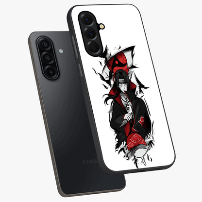 Itachi Limited Edition Naruto Anime Glass Case displayed in angled mockup highlighting dramatic anime illustration with bold action aesthetic.