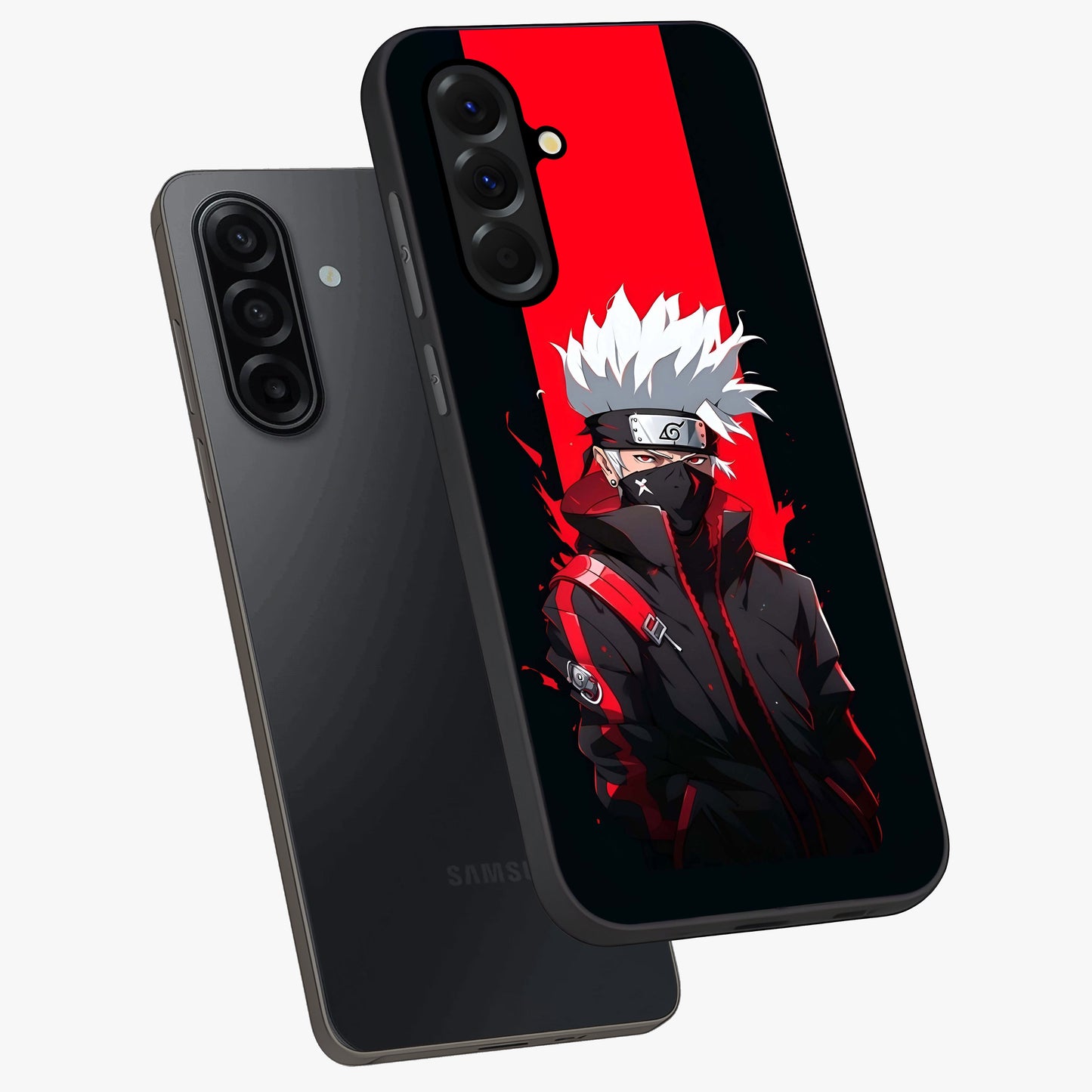 Kakashi Scarlet Shadow Glass Case displayed in angled mockup highlighting dramatic ninja illustration with scarlet themed aesthetic.