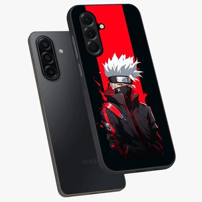 Kakashi Scarlet Shadow Glass Case displayed in angled mockup highlighting dramatic ninja illustration with scarlet themed aesthetic.