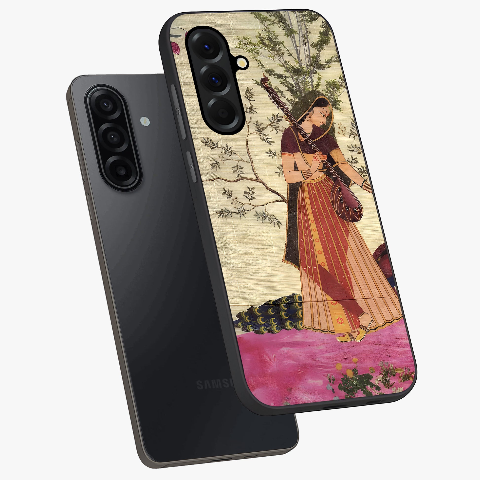 Lady With Veena Art Glass Case displayed in angled mockup highlighting graceful musical illustration with cultural artistic aesthetic.