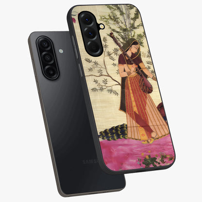 Lady With Veena Art Glass Case displayed in angled mockup highlighting graceful musical illustration with cultural artistic aesthetic.