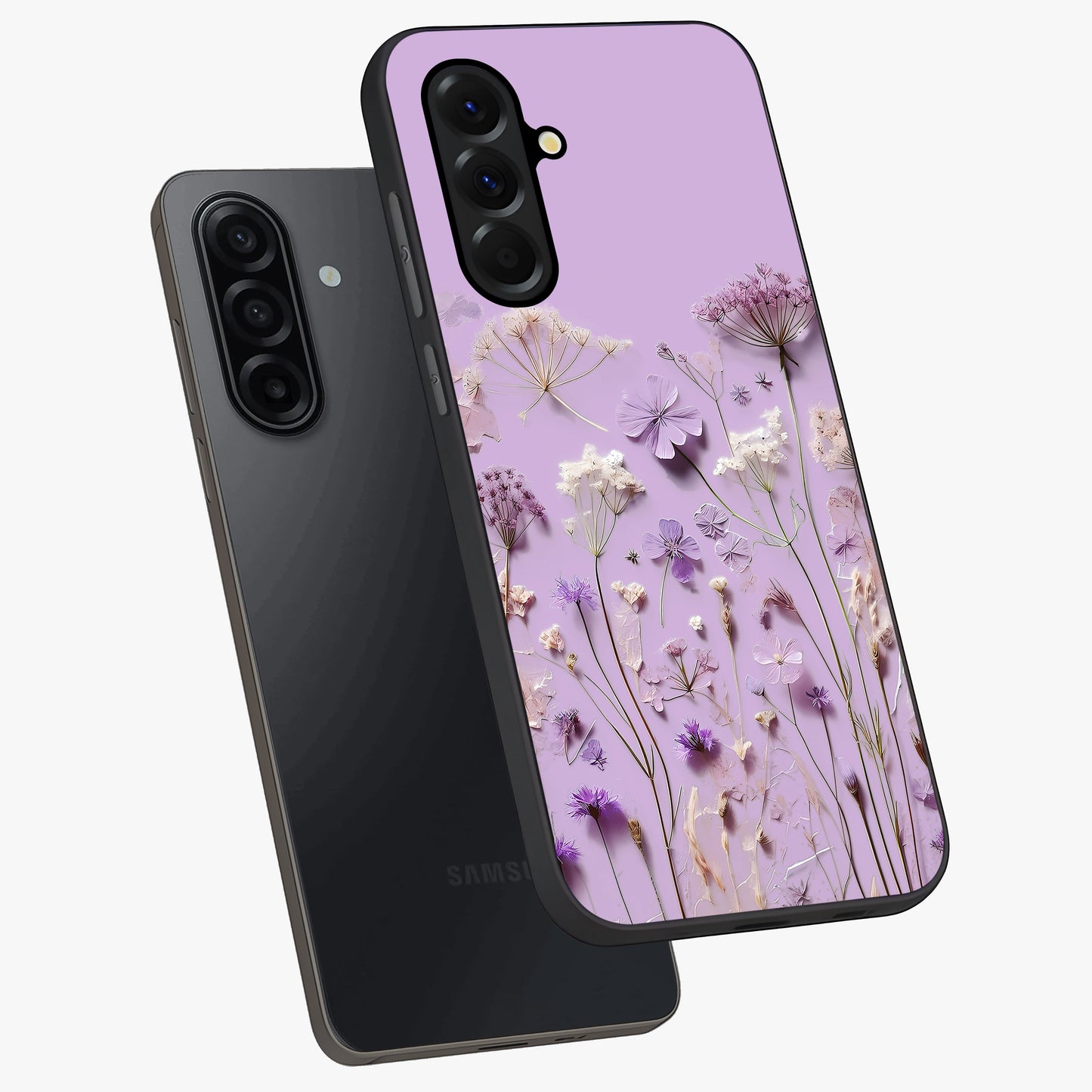 Lavender Blossom Dream Glass Case displayed in angled mockup highlighting dreamy lavender flower design with calming aesthetic style.