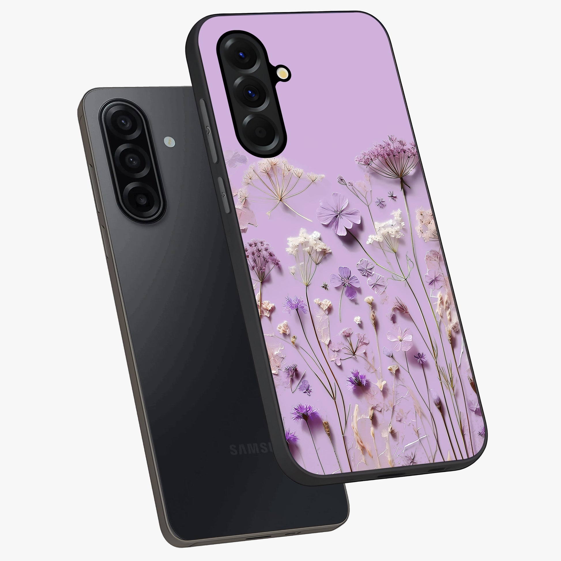 Lavender Blossom Dream Glass Case displayed in angled mockup highlighting dreamy lavender flower design with calming aesthetic style.