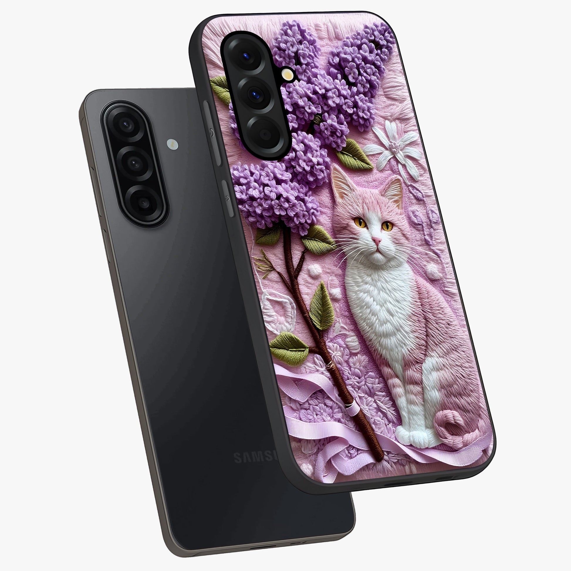 Lavender Cat Whimsy Glass Case displayed in angled mockup highlighting playful feline illustration with pastel lavender aesthetic.