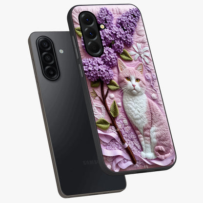 Lavender Cat Whimsy Glass Case displayed in angled mockup highlighting playful feline illustration with pastel lavender aesthetic.