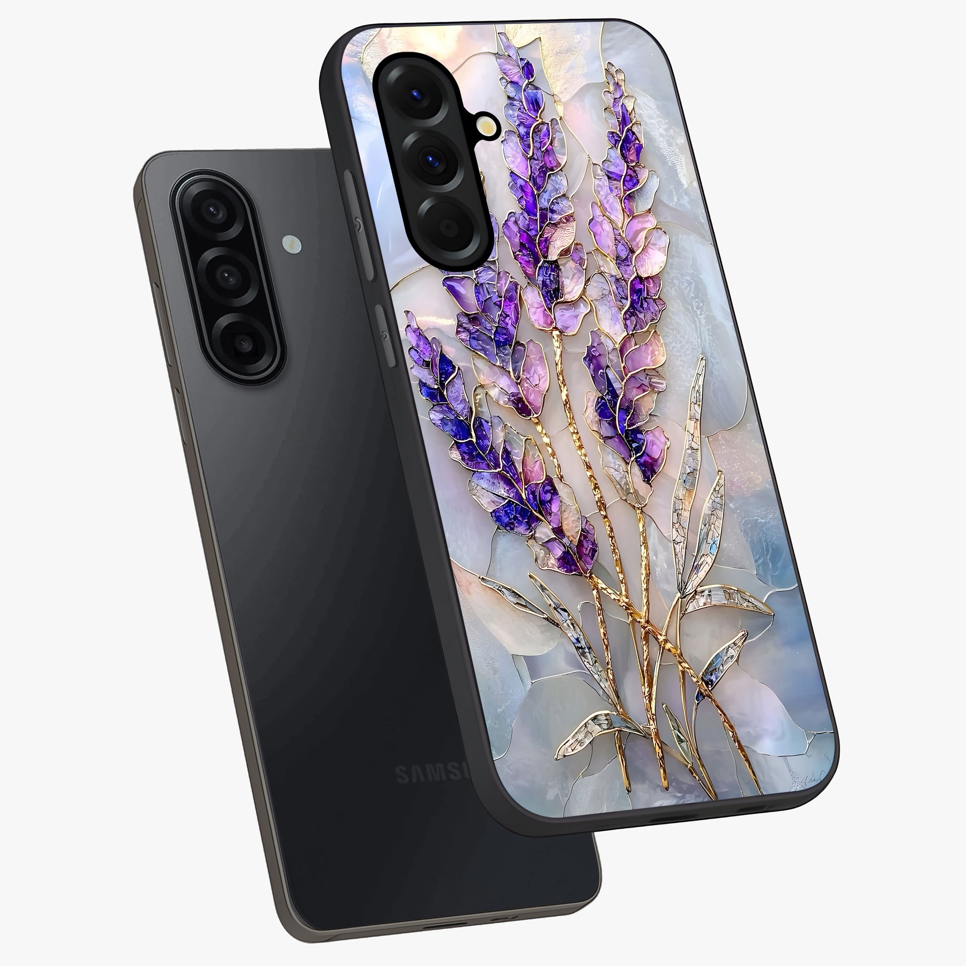 Lavender Dream Glow Glass Case displayed in angled mockup highlighting dreamy purple glow design with soft artistic style.