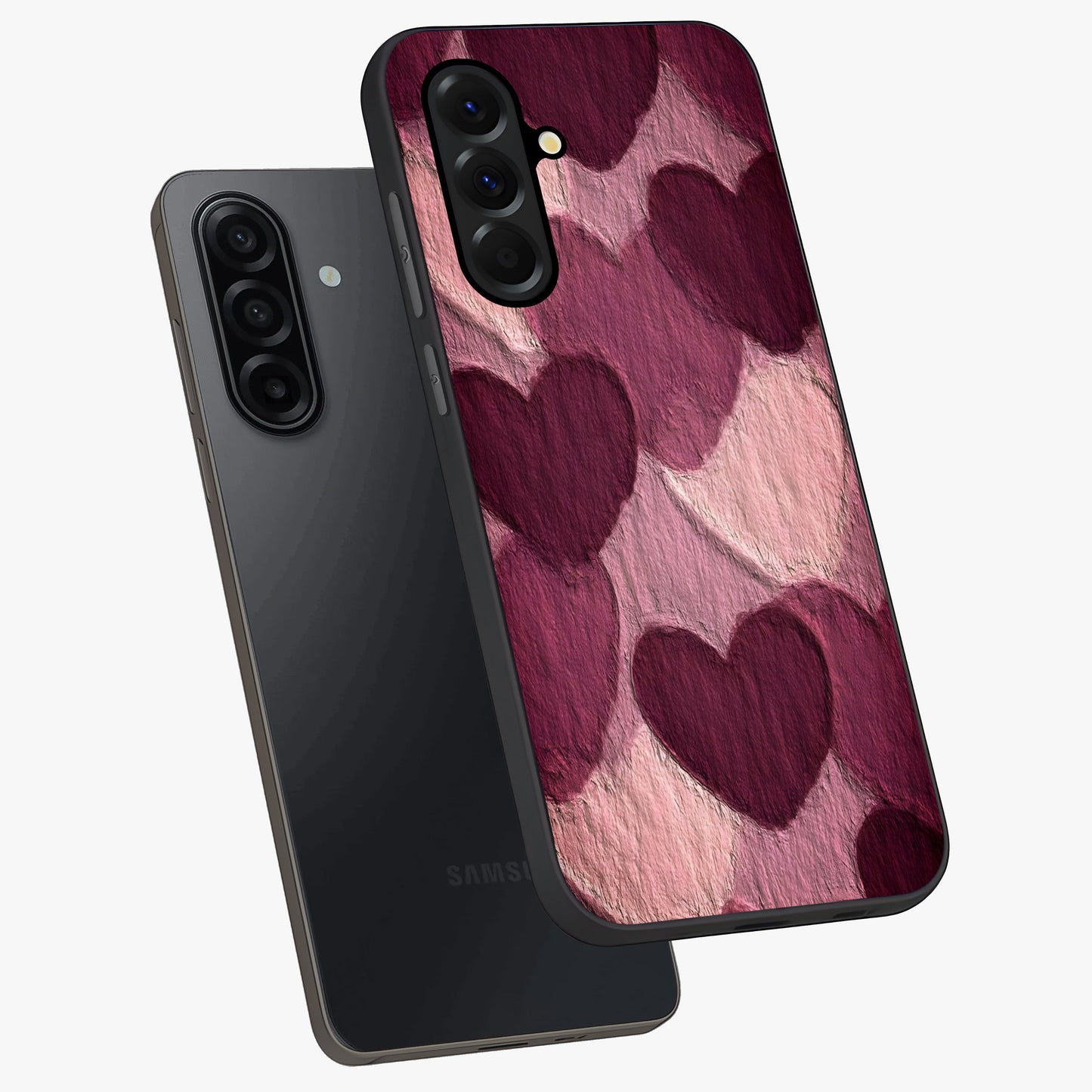 Layered Paper Hearts Glass Case displayed in angled mockup highlighting creative paper craft heart design with romantic aesthetic.