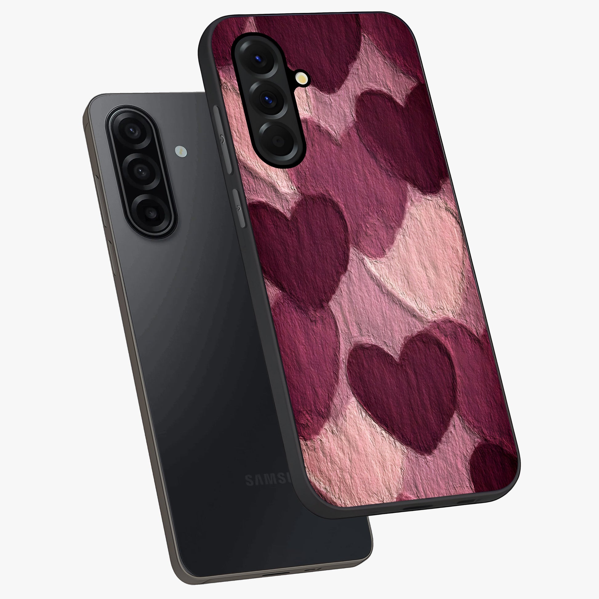 Layered Paper Hearts Glass Case displayed in angled mockup highlighting creative paper craft heart design with romantic aesthetic.
