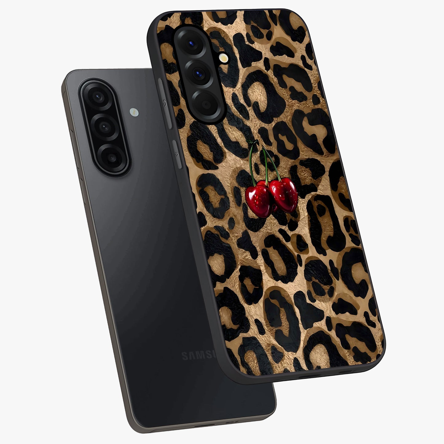 Leopard Wild Cherry Glass Case displayed in angled mockup highlighting bold animal print design with playful cherry aesthetic.