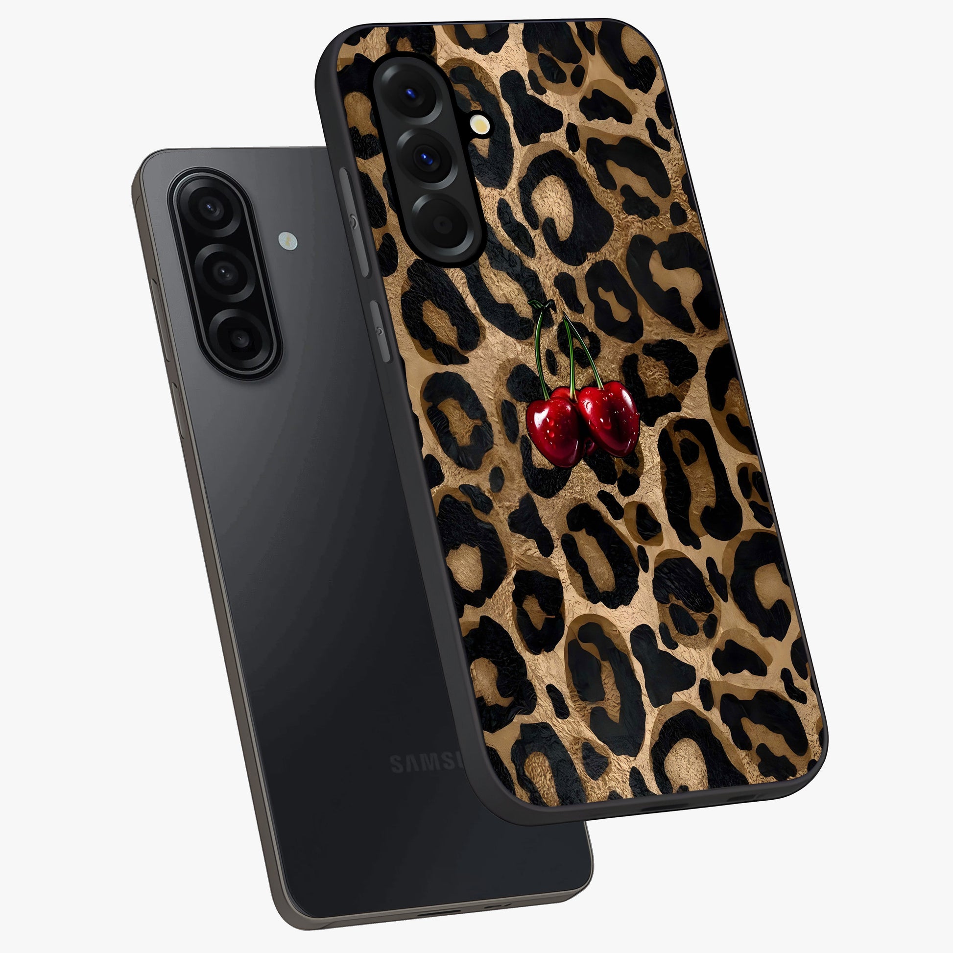 Leopard Wild Cherry Glass Case displayed in angled mockup highlighting bold animal print design with playful cherry aesthetic.