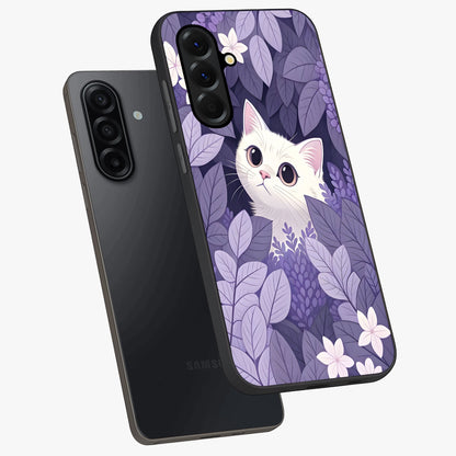 Lilac Hide Peek Cat Glass Case displayed in angled mockup highlighting playful feline illustration with lilac aesthetic design.