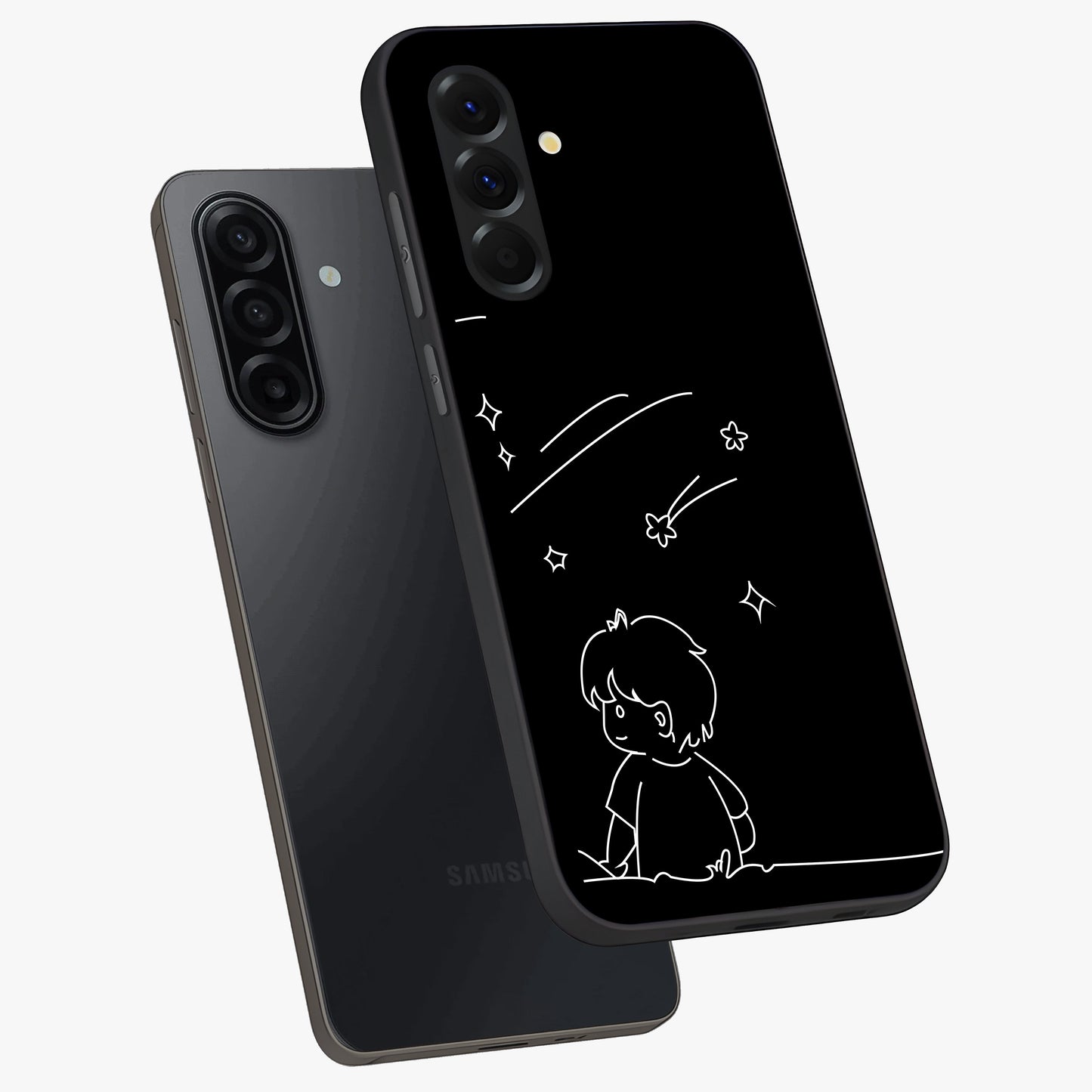 Line Art Boy With Shooting Stars Glass Case displayed in angled mockup highlighting elegant line art design with dreamy star aesthetic.