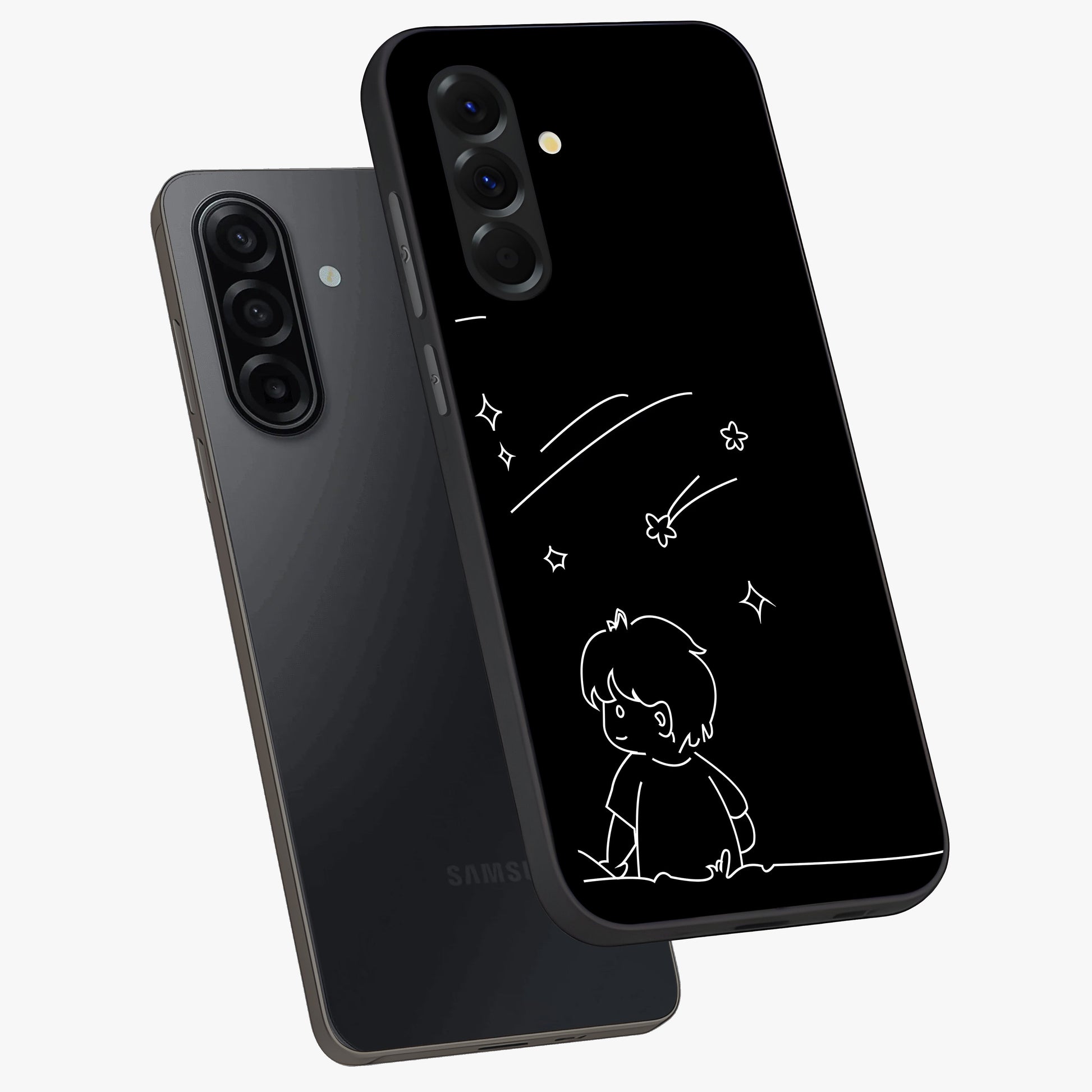 Line Art Boy With Shooting Stars Glass Case displayed in angled mockup highlighting elegant line art design with dreamy star aesthetic.
