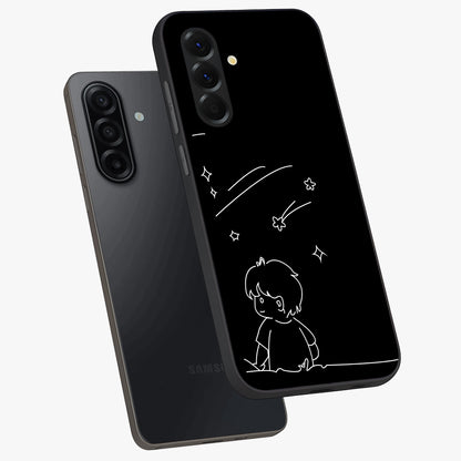 Line Art Boy With Shooting Stars Glass Case displayed in angled mockup highlighting elegant line art design with dreamy star aesthetic.