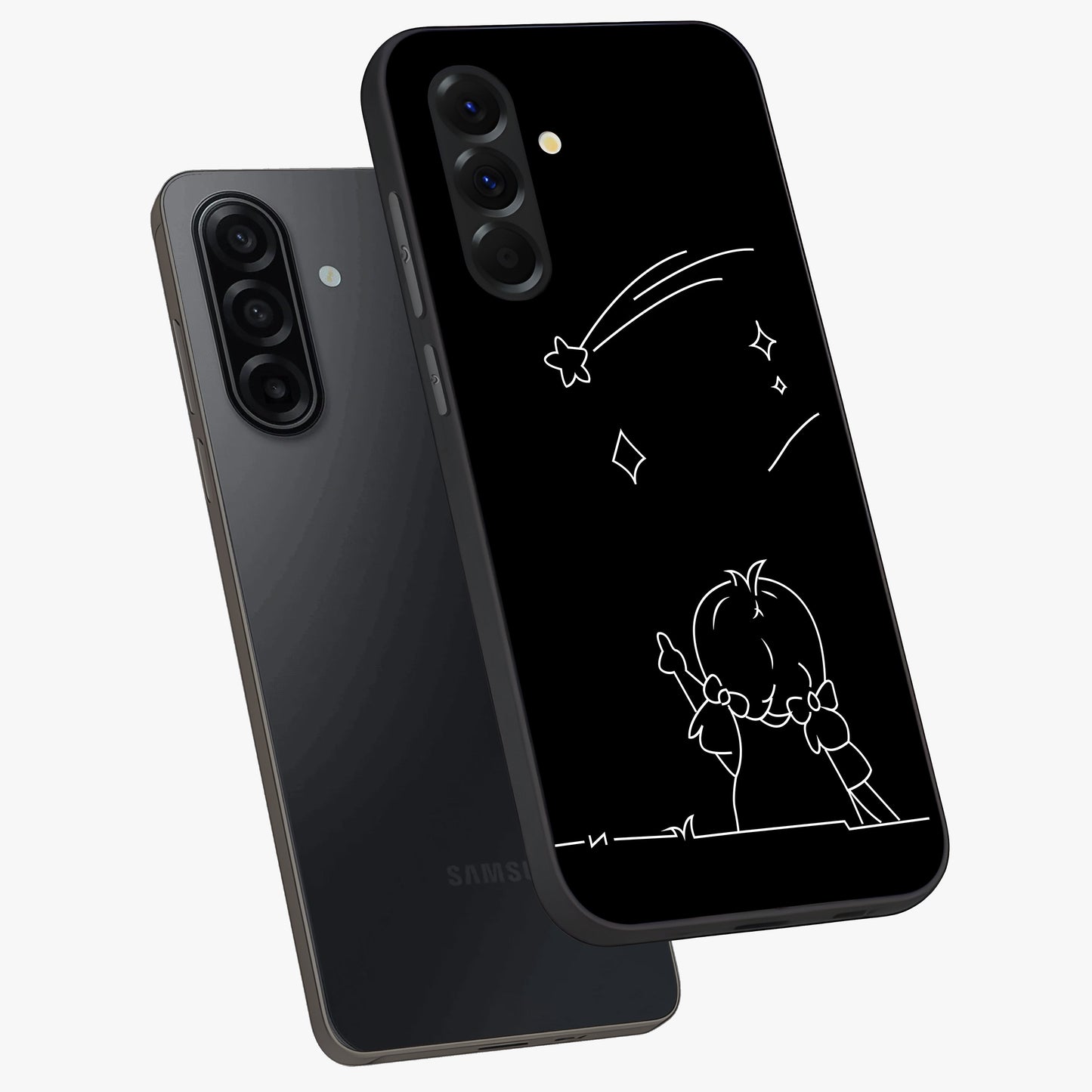 Line Art Girl With Shooting Stars Glass Case displayed in angled mockup highlighting elegant line art design with dreamy star aesthetic.