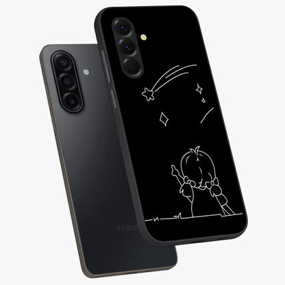 Line Art Girl With Shooting Stars Glass Case displayed in angled mockup highlighting elegant line art design with dreamy star aesthetic.