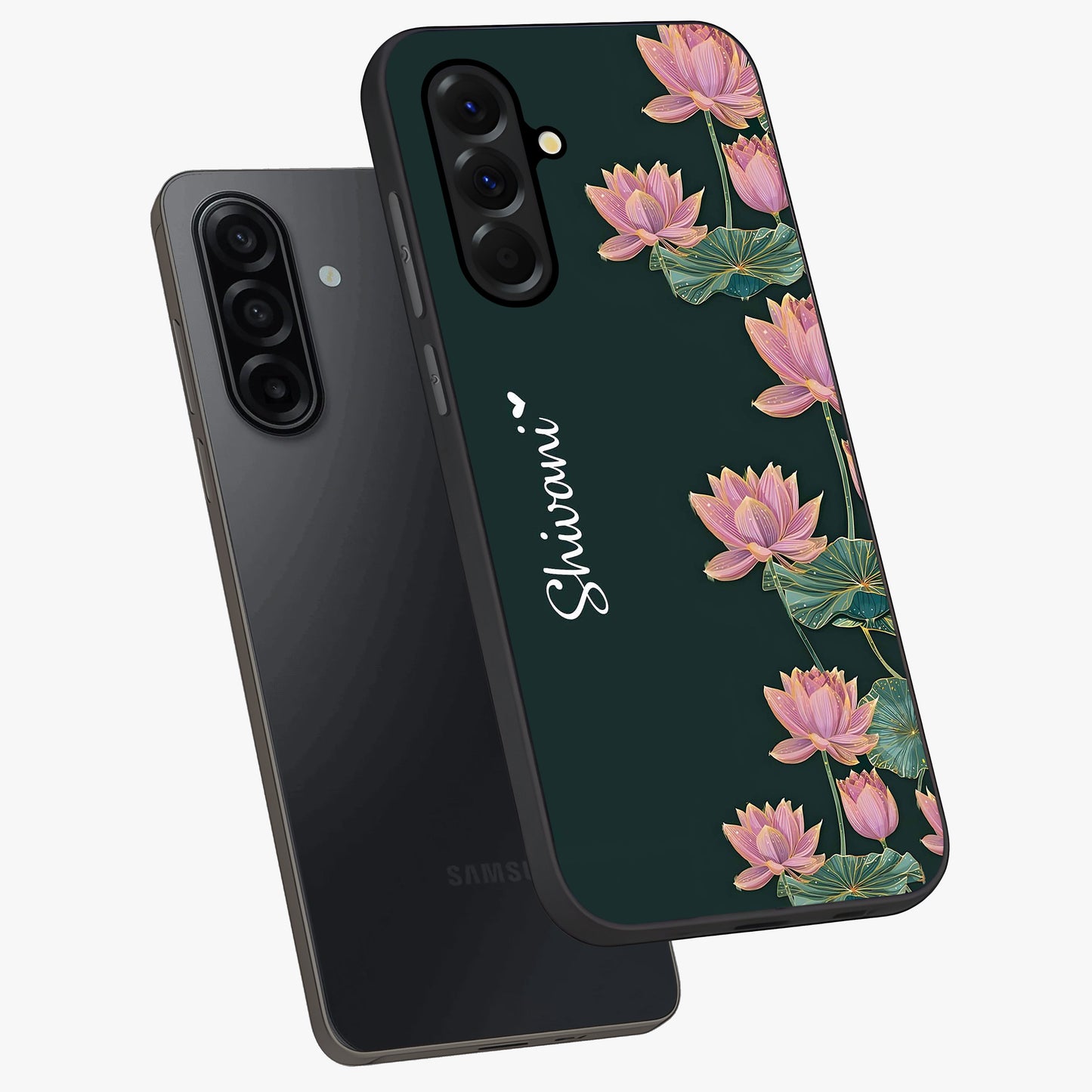 Lotus Bloom Serenity Custom Name Glass Case displayed in angled mockup highlighting graceful lotus illustration with custom name feature.
