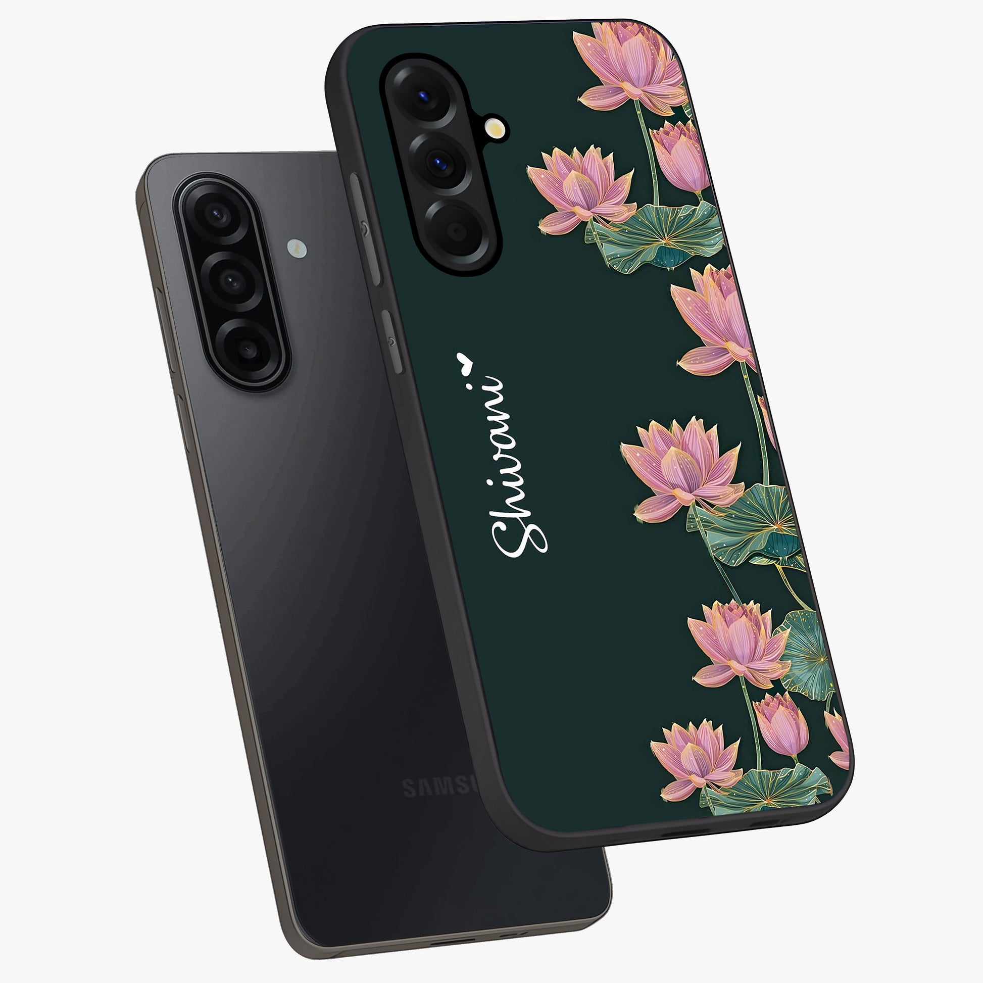 Lotus Bloom Serenity Custom Name Glass Case displayed in angled mockup highlighting graceful lotus illustration with custom name feature.