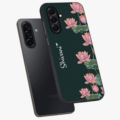 Lotus Bloom Serenity Custom Name Glass Case displayed in angled mockup highlighting graceful lotus illustration with custom name feature.