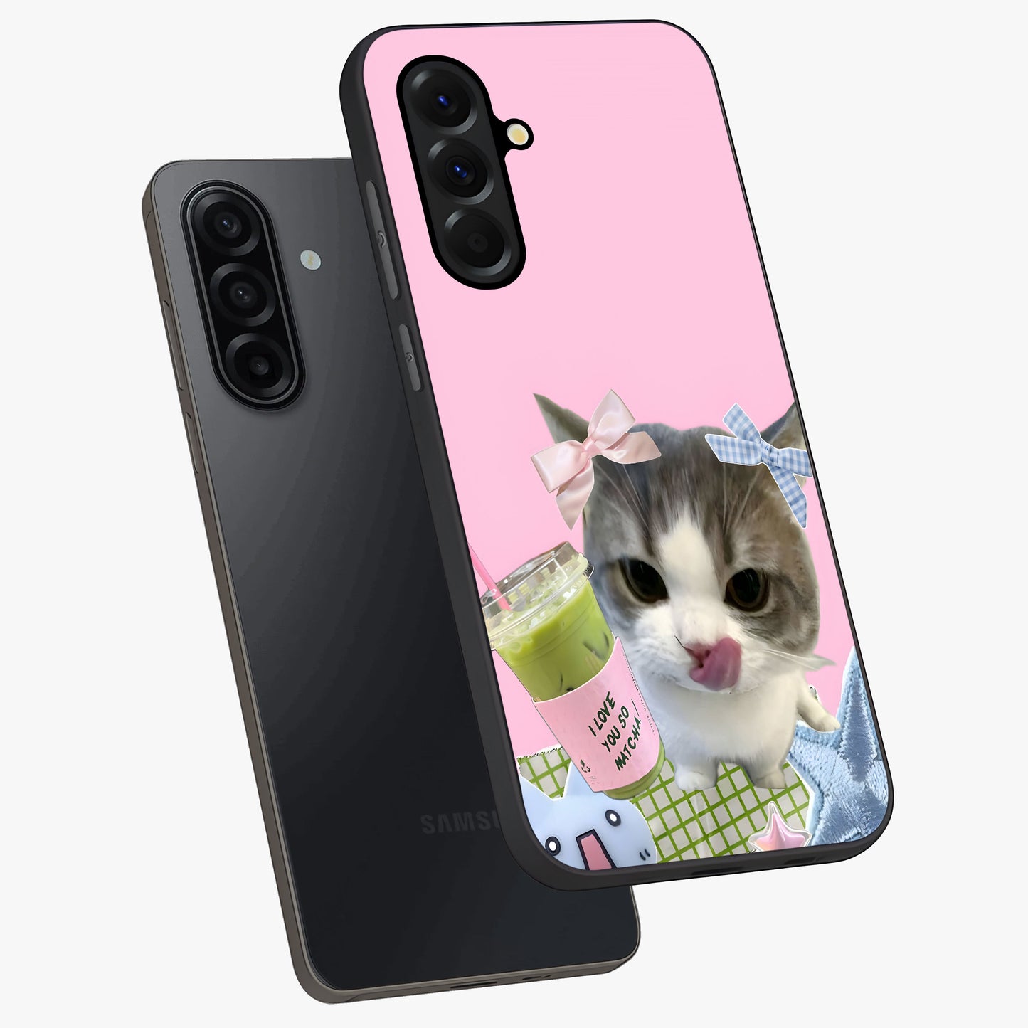 Love Matcha Cat Glass Case displayed in angled mockup highlighting playful feline illustration with cozy matcha aesthetic.