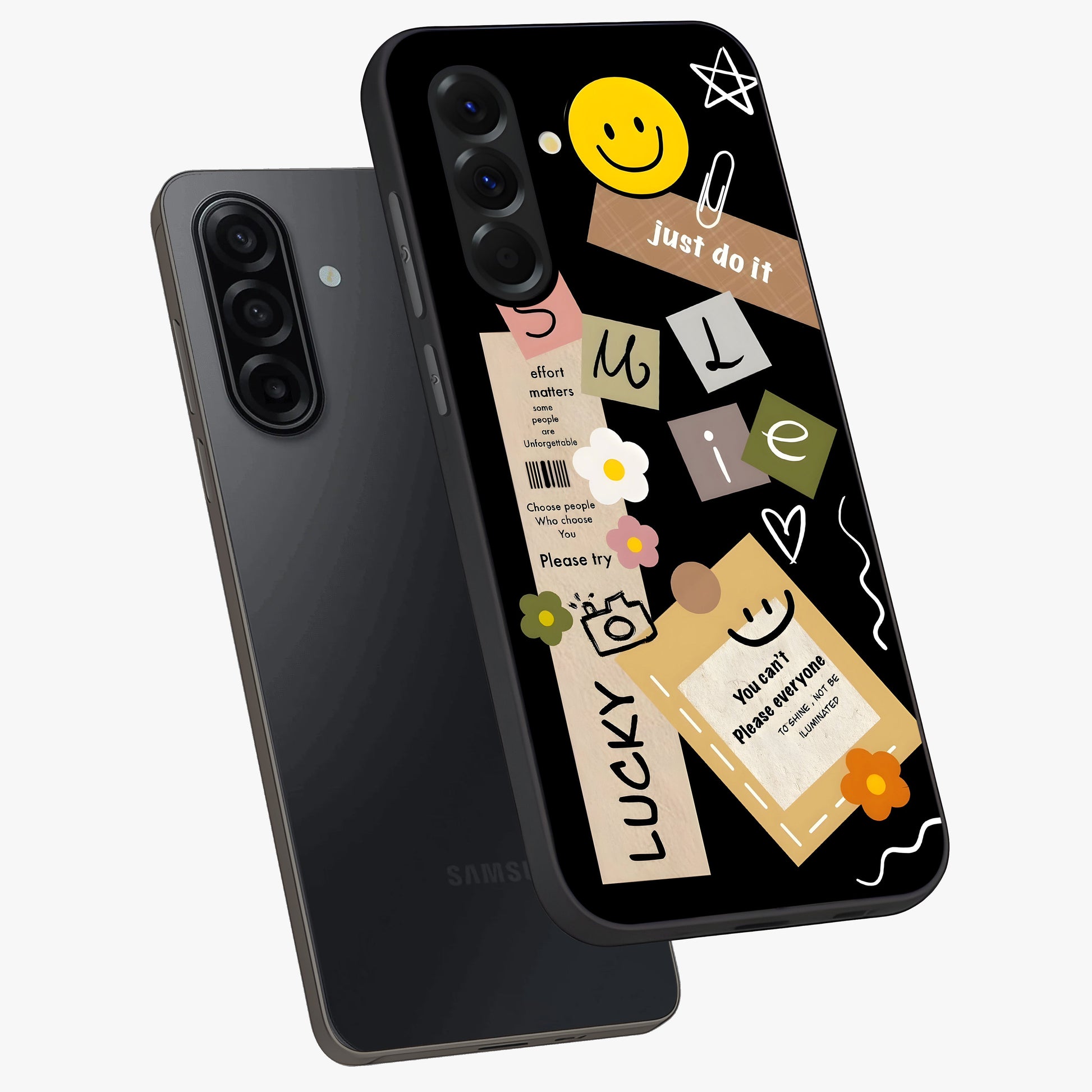 Lucky Aesthetic Collage Glass Case displayed in angled mockup highlighting stylish collage pattern with modern aesthetic vibe.