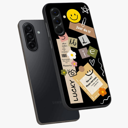 Lucky Aesthetic Collage Glass Case displayed in angled mockup highlighting stylish collage pattern with modern aesthetic vibe.