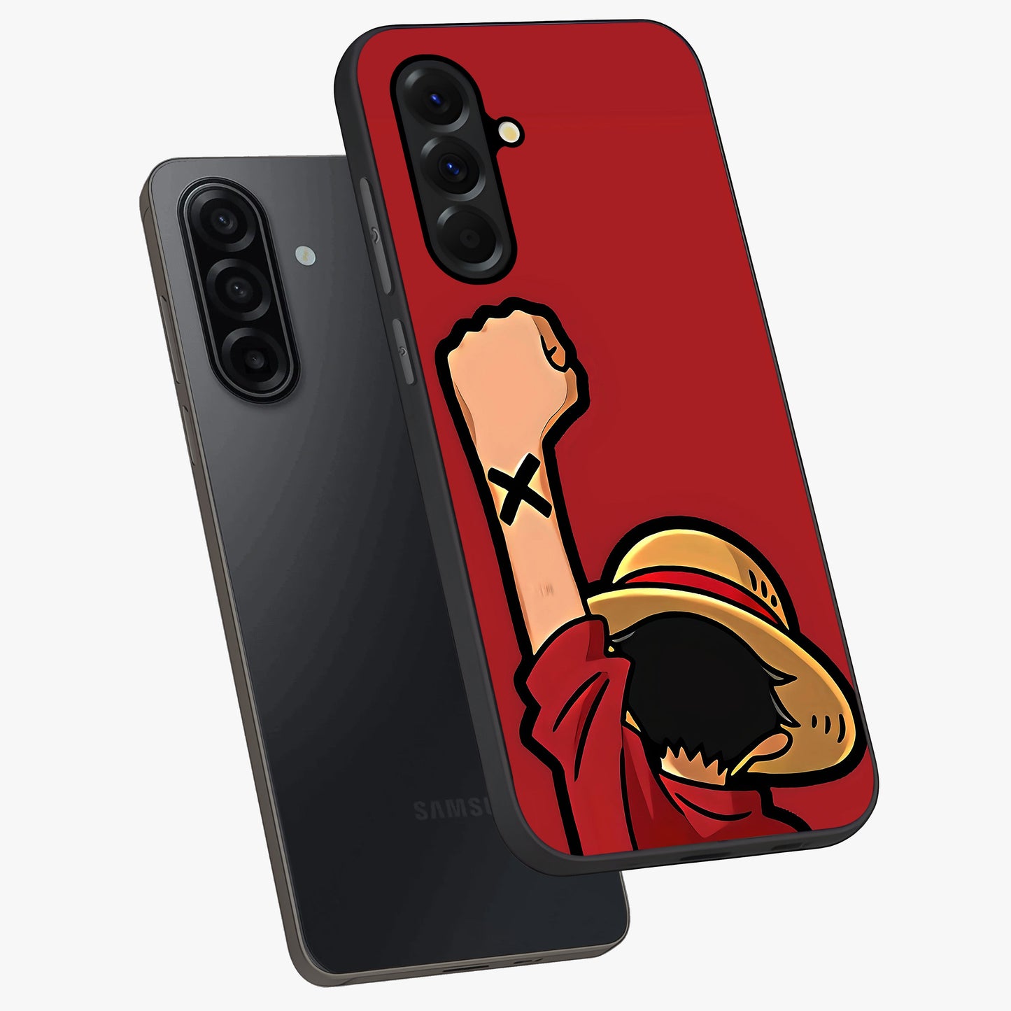 Luffy X Spirit Glass Case displayed in angled mockup highlighting powerful anime design with energetic action aesthetic.