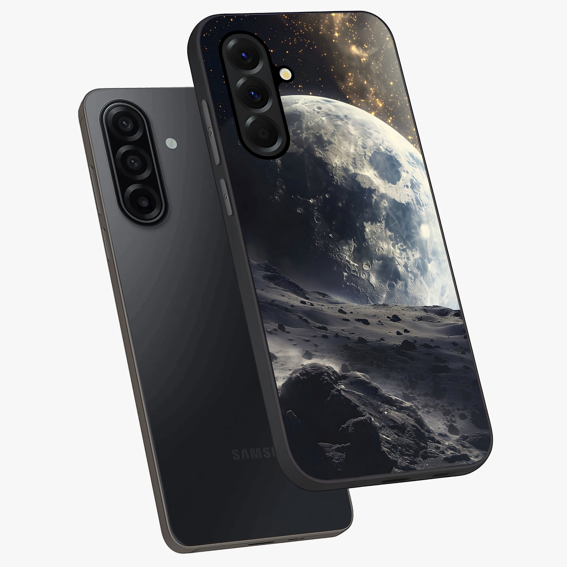 Lunar Horizon Glow Glass Case displayed in angled mockup highlighting celestial moon design with dreamy night aesthetic.
