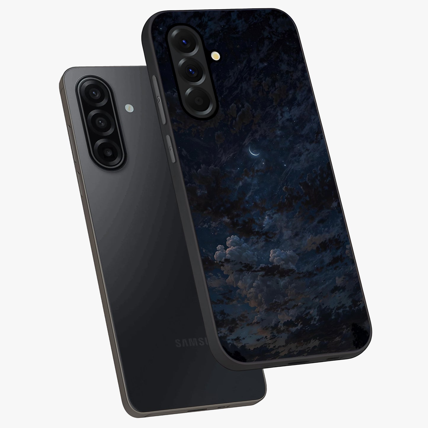 Lunar Veil Silence Glass Case displayed in angled mockup highlighting soft lunar design with peaceful celestial aesthetic.