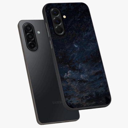 Lunar Veil Silence Glass Case displayed in angled mockup highlighting soft lunar design with peaceful celestial aesthetic.