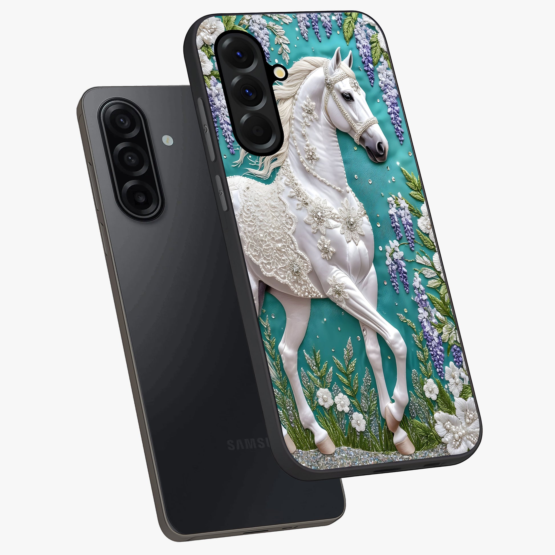 Majestic Floral Stallion Glass Case displayed in angled mockup highlighting majestic stallion illustration with elegant floral aesthetic.