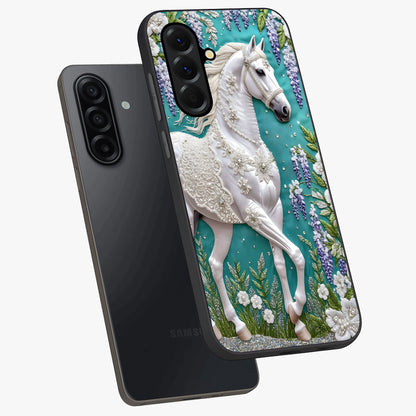 Majestic Floral Stallion Glass Case displayed in angled mockup highlighting majestic stallion illustration with elegant floral aesthetic.