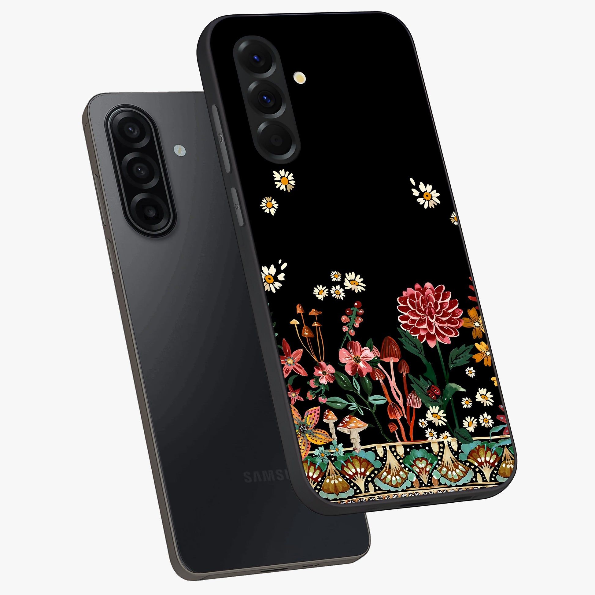 Midnight Bloom Pattern Glass Case displayed in angled mockup highlighting elegant flower design with midnight aesthetic style.