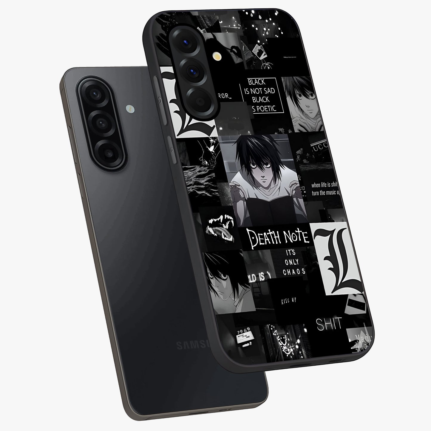Midnight Chaos Mind Glass Case displayed in angled mockup highlighting chaotic artistic design with dramatic midnight aesthetic.