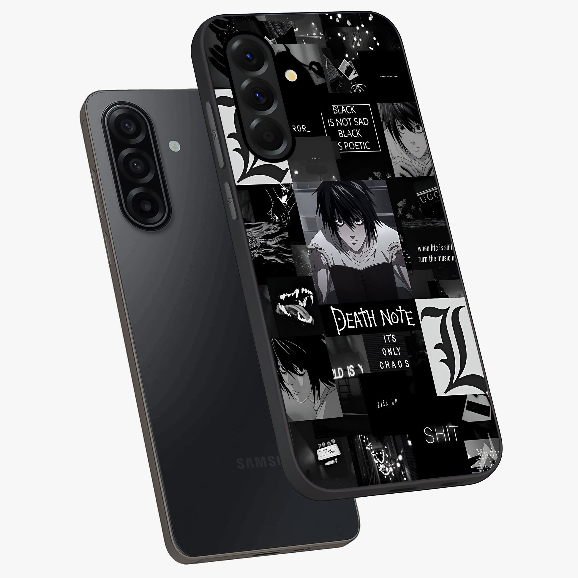 Midnight Chaos Mind Glass Case displayed in angled mockup highlighting chaotic artistic design with dramatic midnight aesthetic.