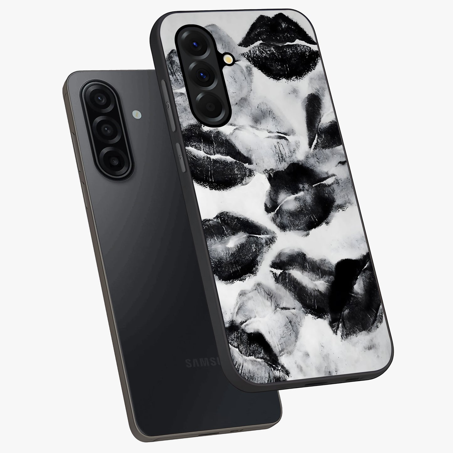 Midnight Kiss Marks Glass Case displayed in angled mockup highlighting playful romantic design with bold midnight aesthetic.