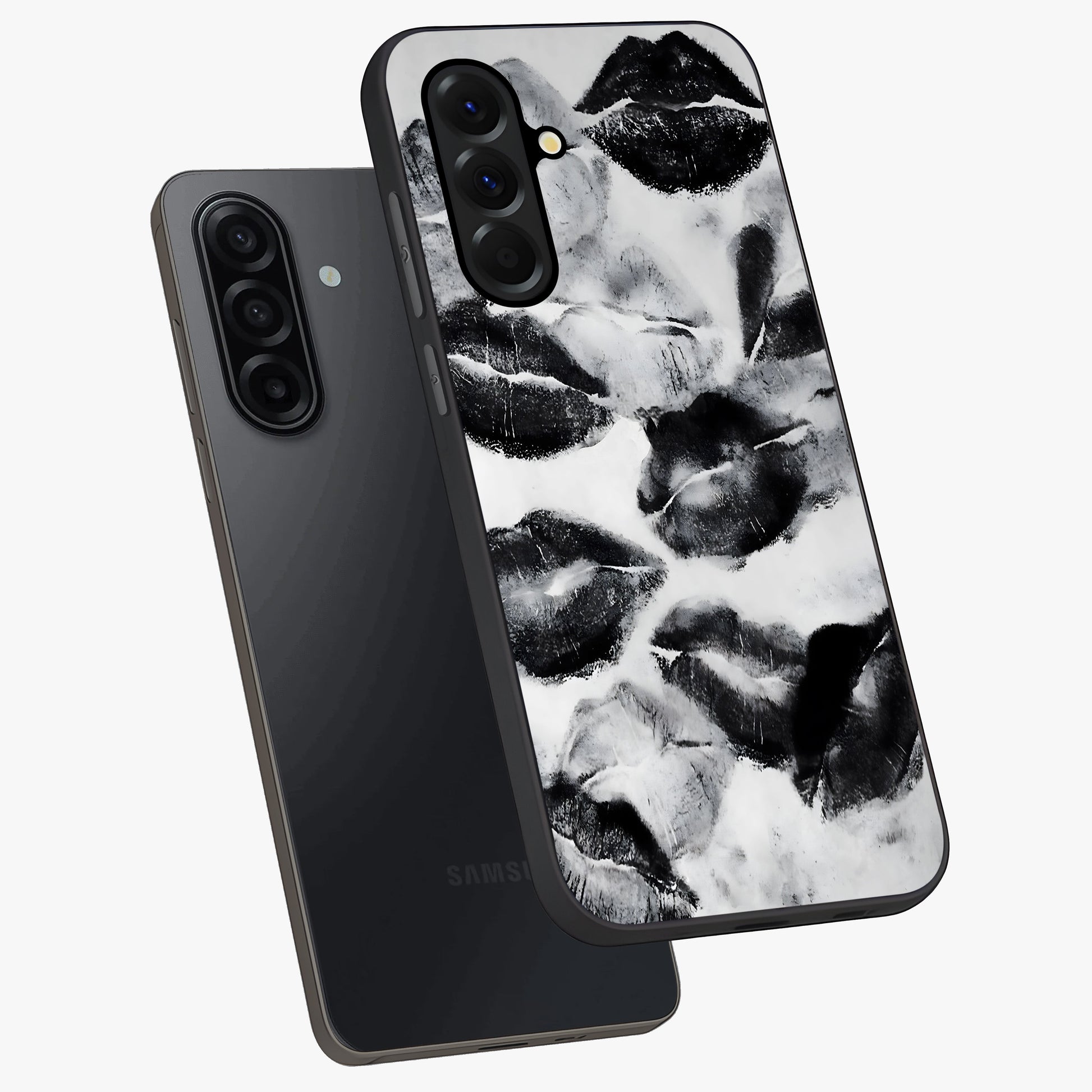 Midnight Kiss Marks Glass Case displayed in angled mockup highlighting playful romantic design with bold midnight aesthetic.