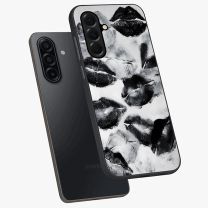 Midnight Kiss Marks Glass Case displayed in angled mockup highlighting playful romantic design with bold midnight aesthetic.