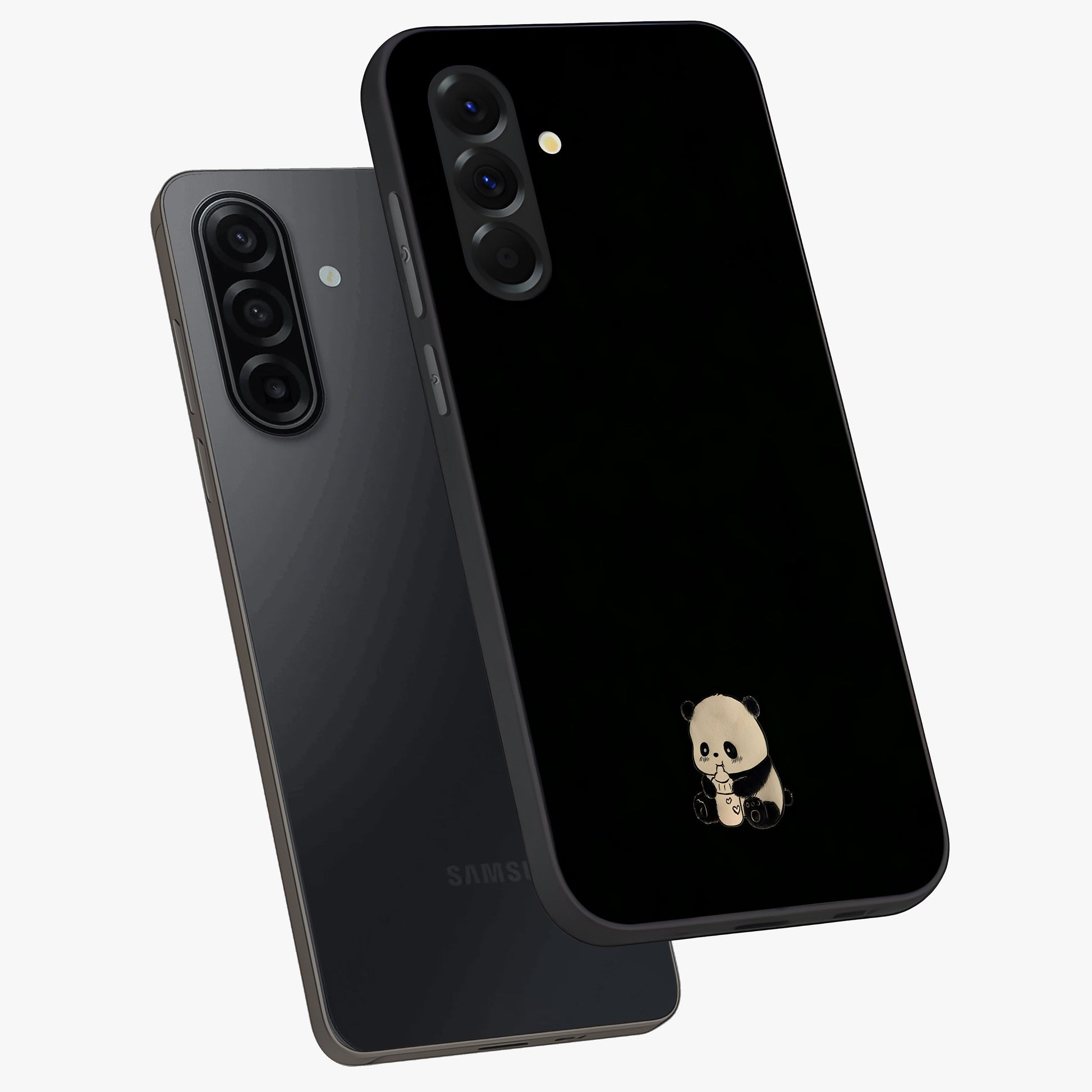 Midnight Panda Love Glass Case displayed in angled mockup highlighting adorable panda illustration with midnight aesthetic.