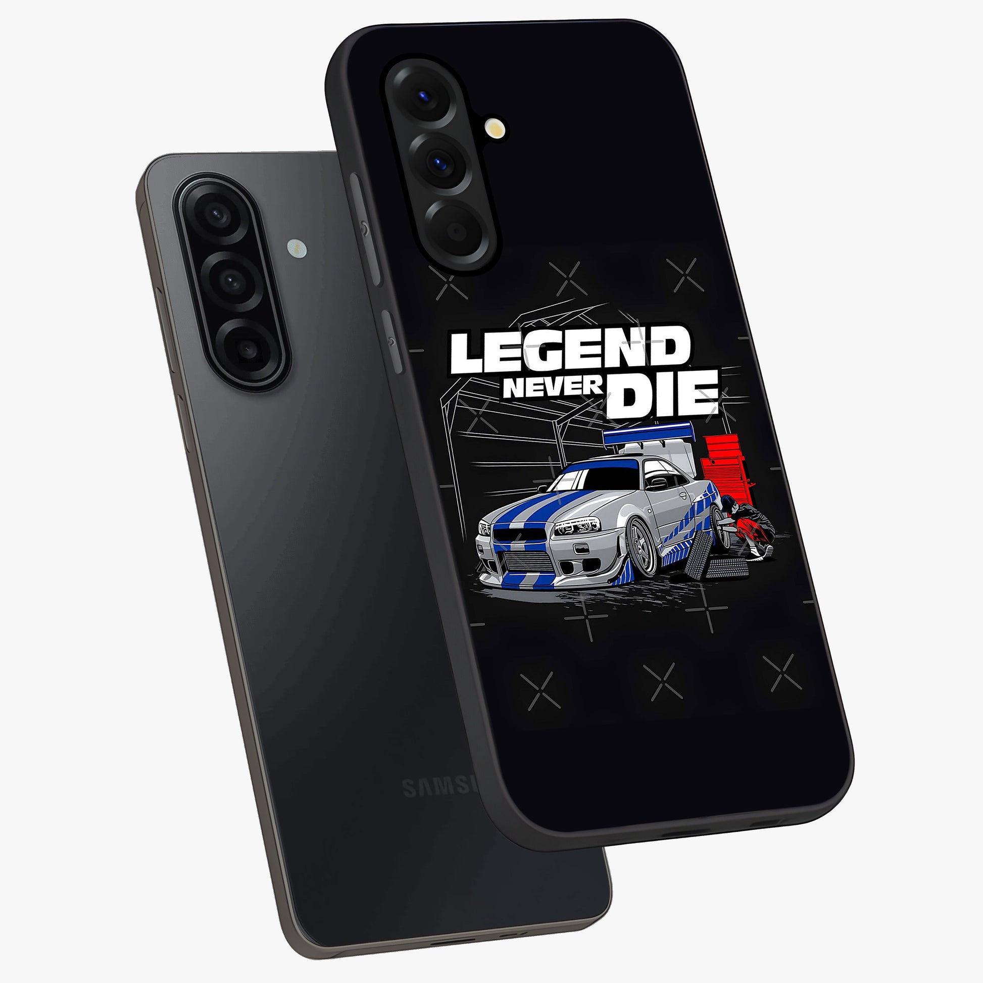 Midnight Racing Legacy Glass Case displayed in angled mockup highlighting dynamic automotive design with bold midnight aesthetic.