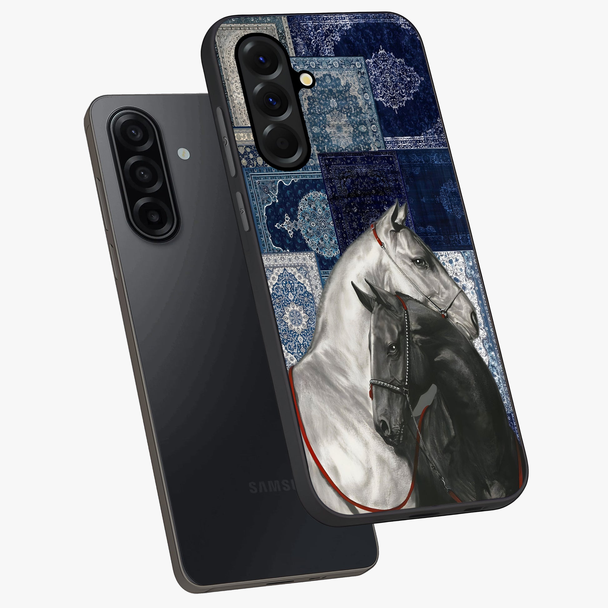 Midnight Stallion Blues Glass Case displayed in angled mockup highlighting powerful stallion illustration with deep midnight tones.