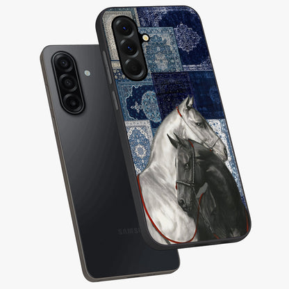 Midnight Stallion Blues Glass Case displayed in angled mockup highlighting powerful stallion illustration with deep midnight tones.