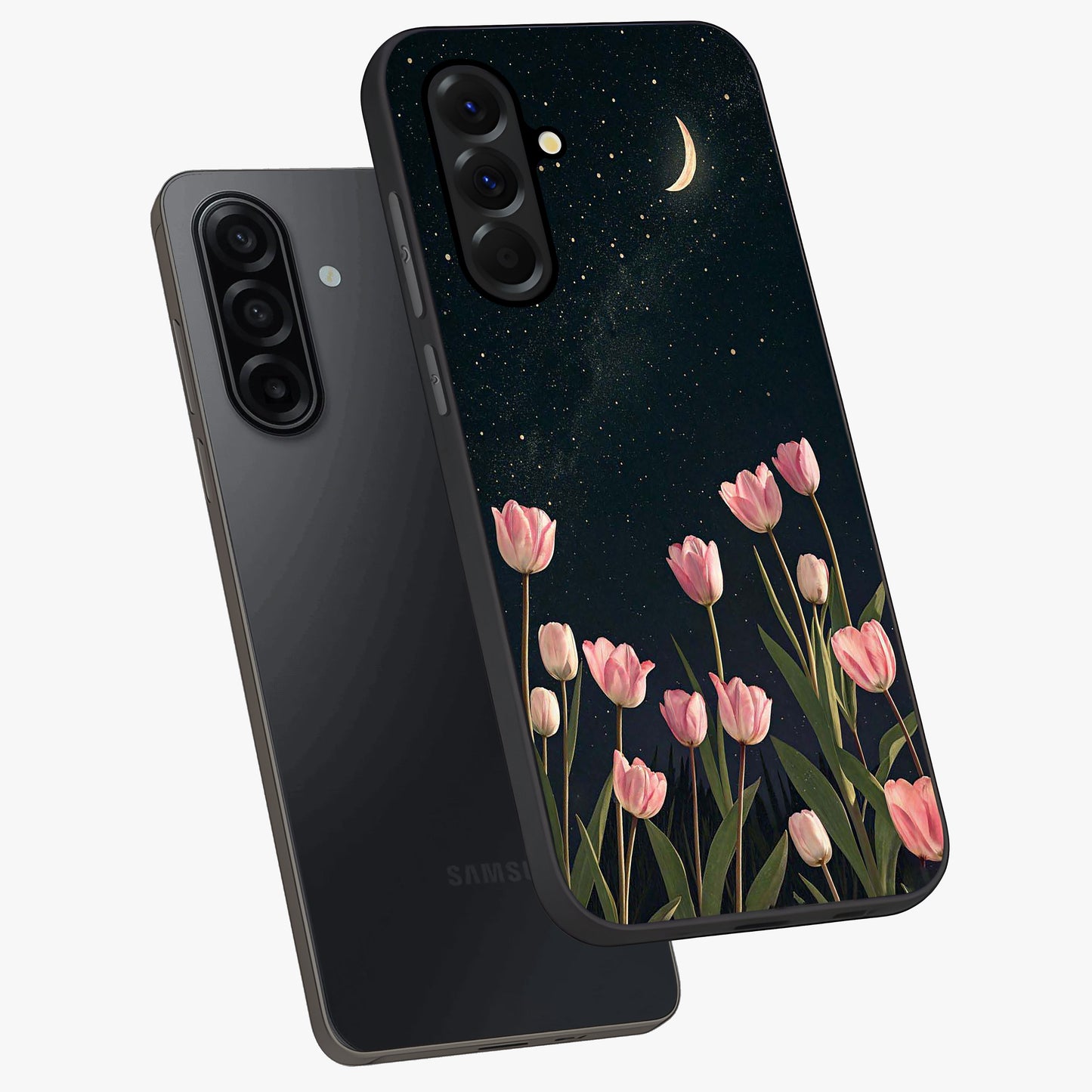 Midnight Tulip Whispers Vibe Glass Case displayed in angled mockup highlighting delicate tulip design with midnight floral aesthetic.