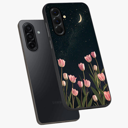 Midnight Tulip Whispers Vibe Glass Case displayed in angled mockup highlighting delicate tulip design with midnight floral aesthetic.