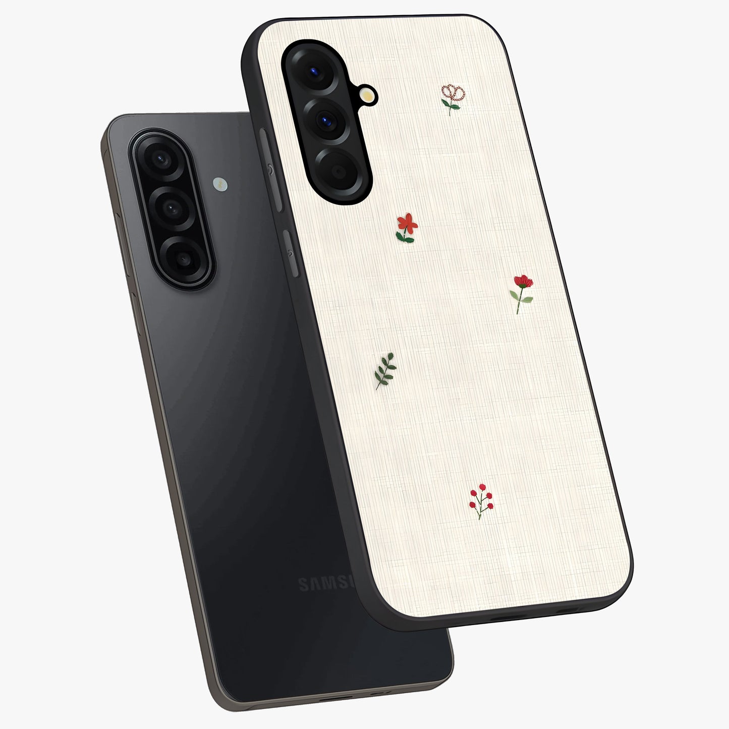 Minimalistic Blue With White Flower Pattern Glass Case displayed in angled mockup highlighting simple floral design with minimal aesthetic.