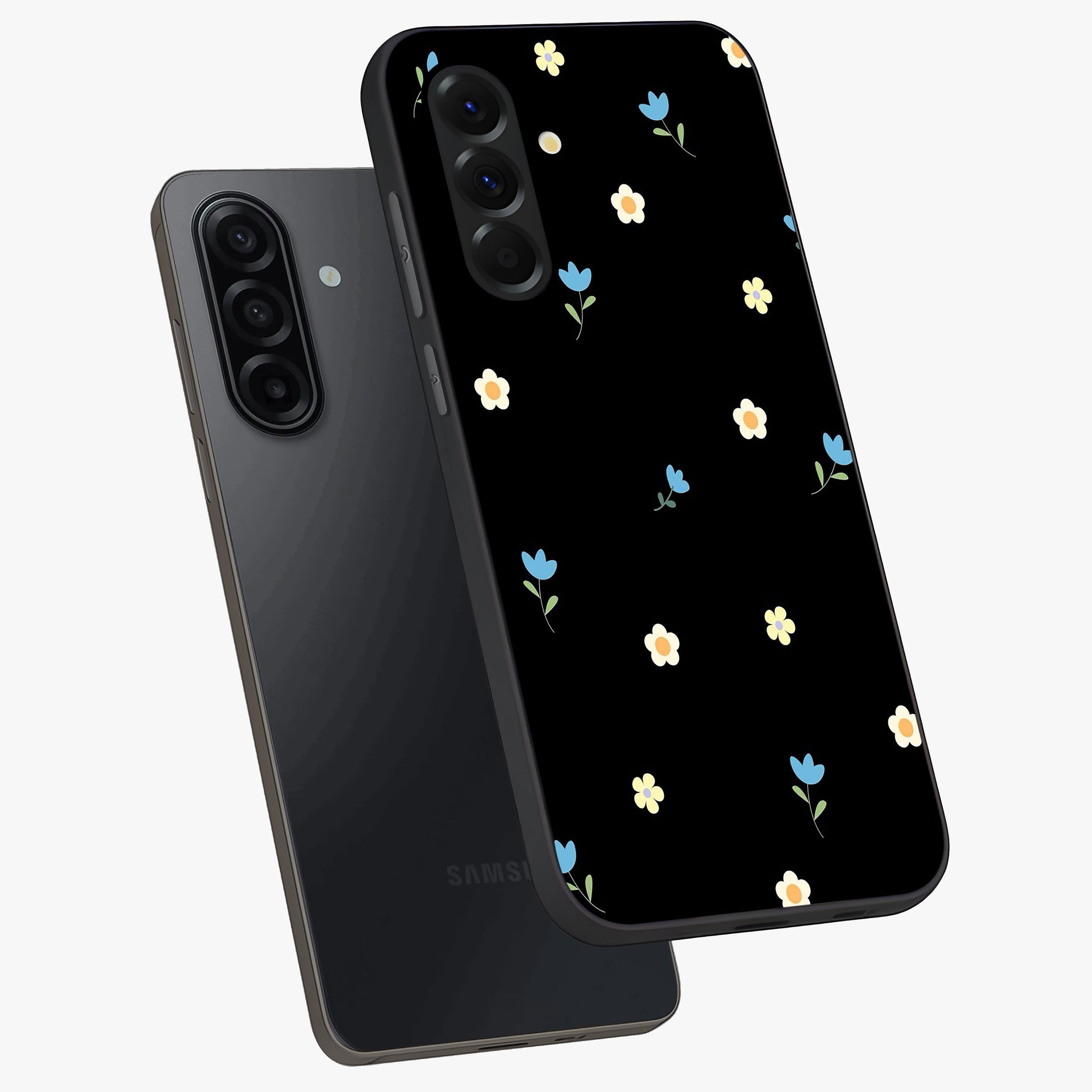 Minimal Petal Whispers Glass Case displayed in angled mockup highlighting delicate petal design with clean minimal aesthetic.