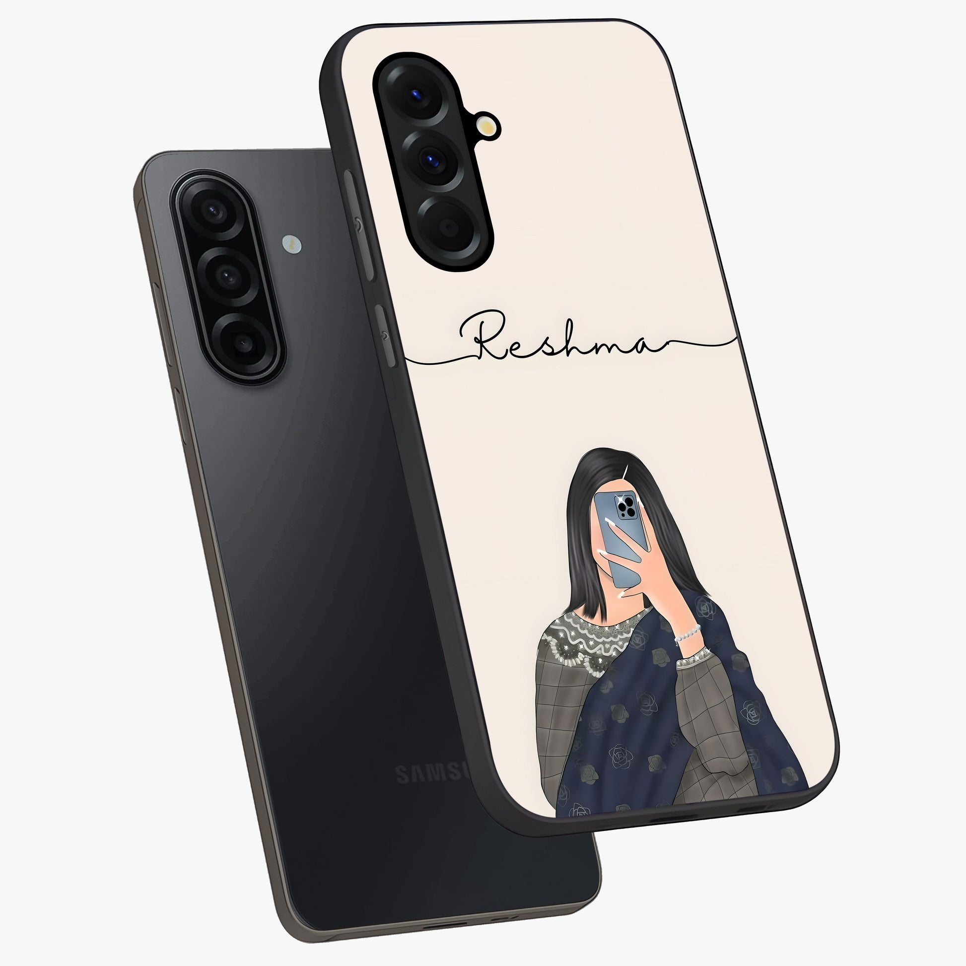 Mirror Mood Muse With Custom Name Glass Case displayed in angled mockup highlighting aesthetic mirror inspired design with custom name feature.