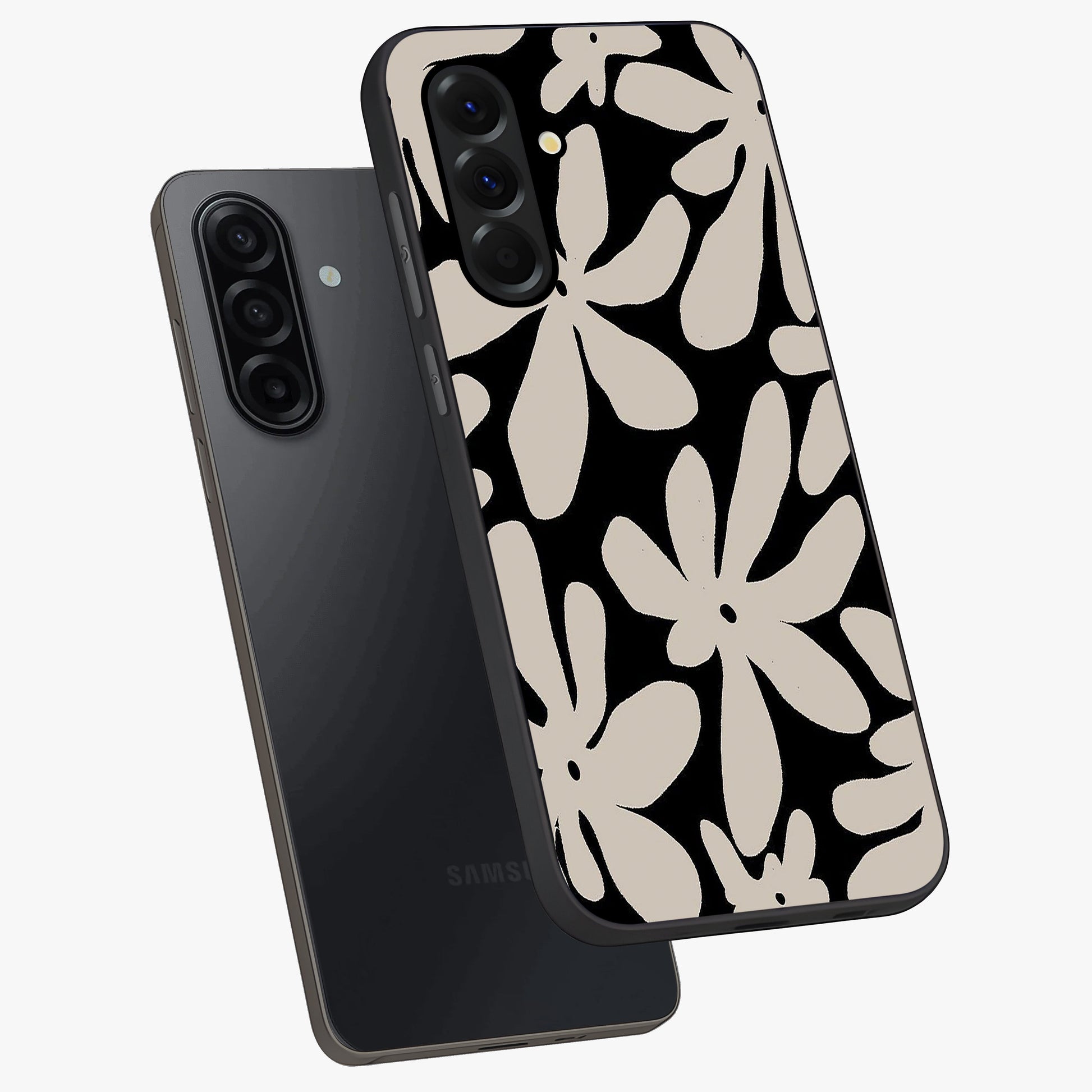Monochrome Petal Dance Glass Case displayed in angled mockup highlighting elegant petal design with black and white aesthetic.